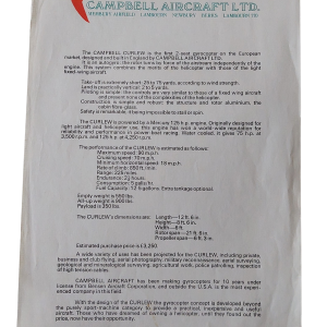 Campbell Curlew Gyrocopter 1969 Specification